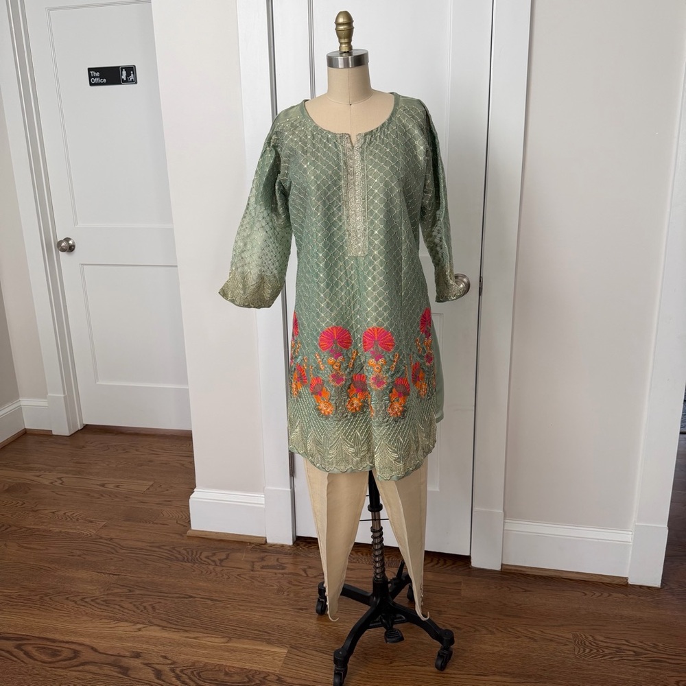 Fully Embroidered Green Floral Kurta with Gold Pants